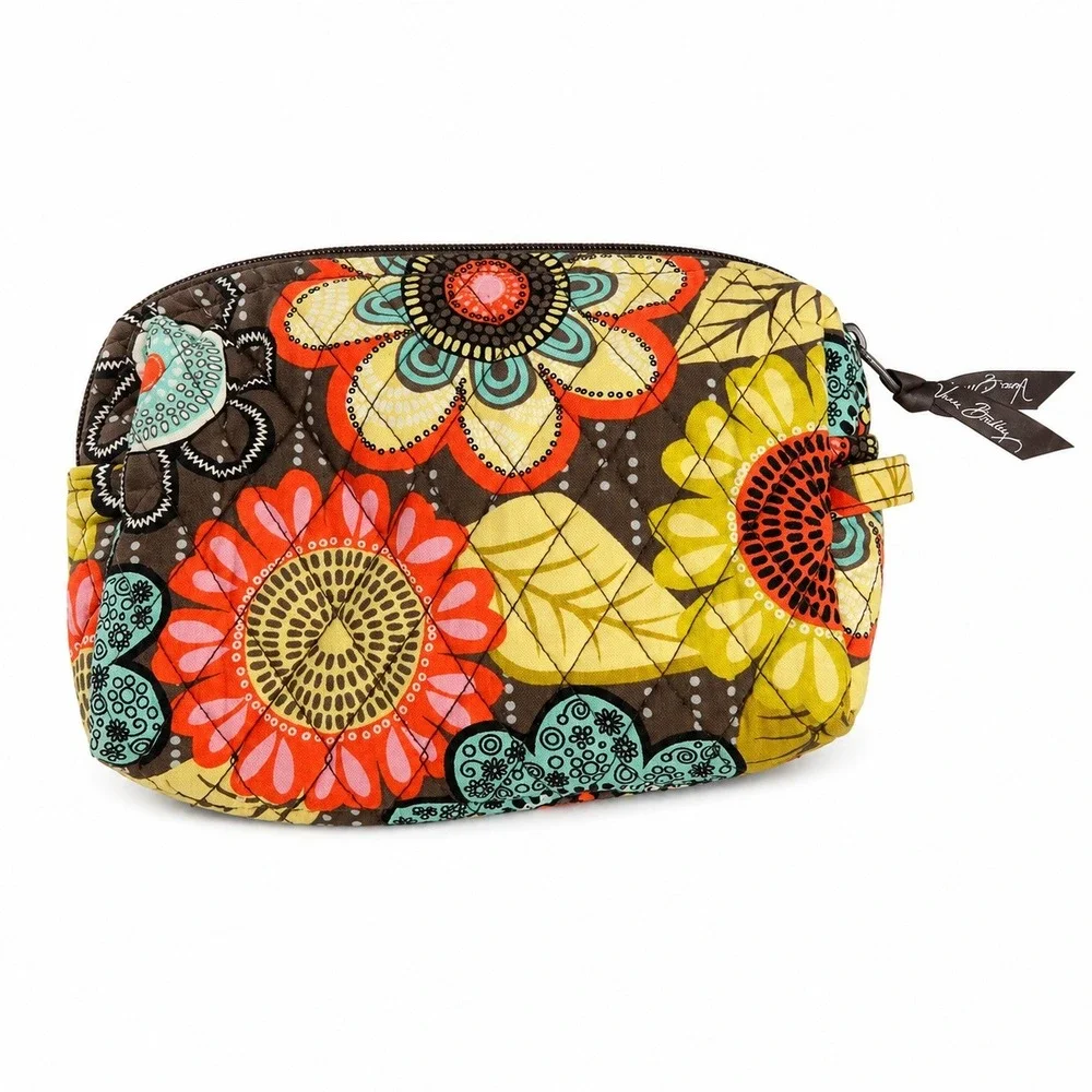 Vera Bradley Flower Shower Small Cosmetic Makeup Quilted Travel Pouch Brown